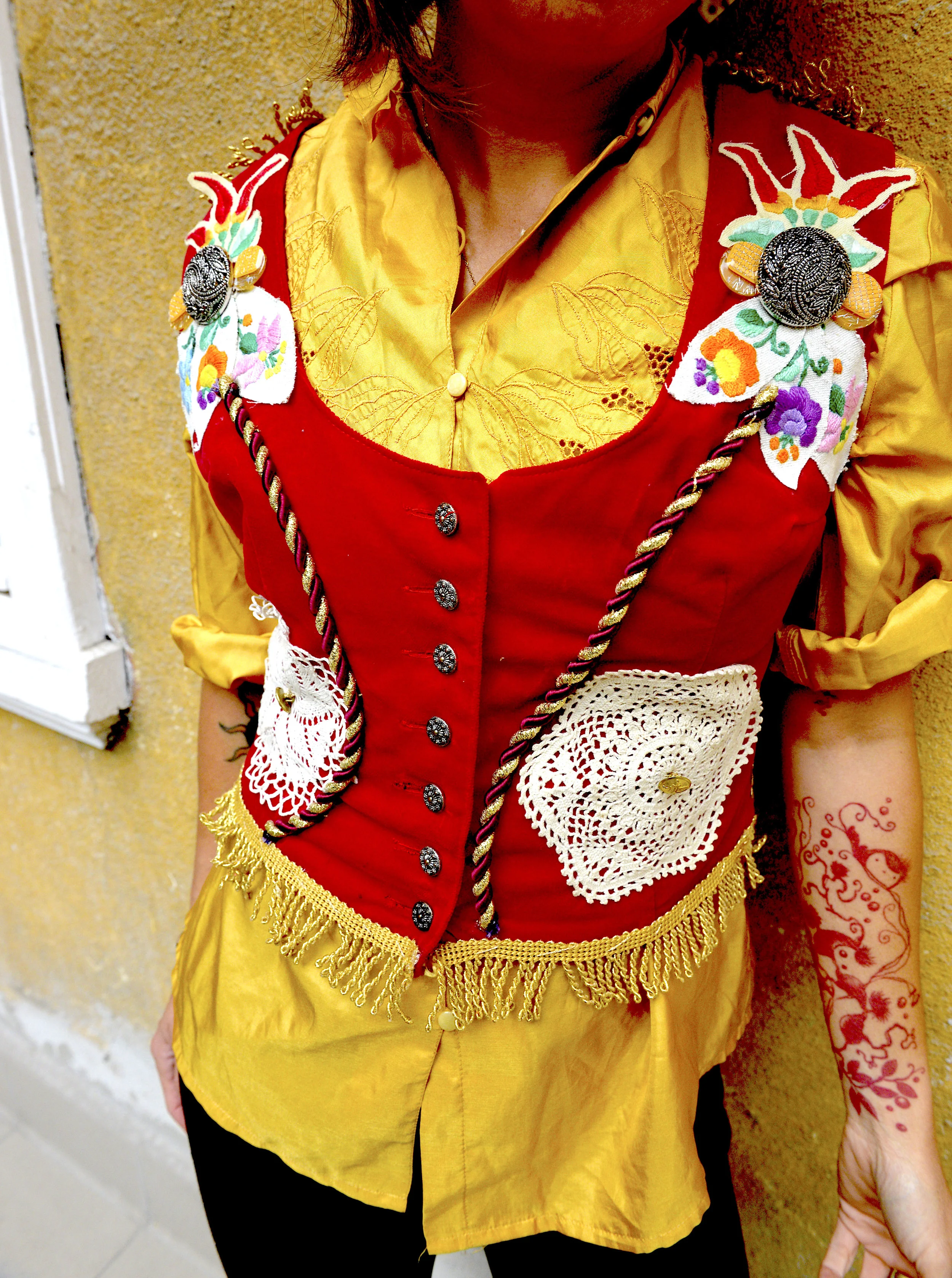 Custom embellished vintage red velvet Hungarian floral vest
